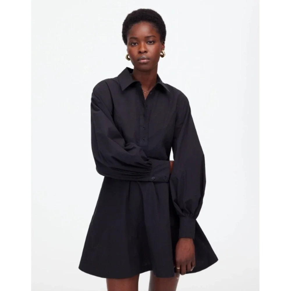 Madewell Dress 8 Black Seamed Long Sleeve Mini Poplin Shirtdress Pockets NV025 - Picture 1 of 13